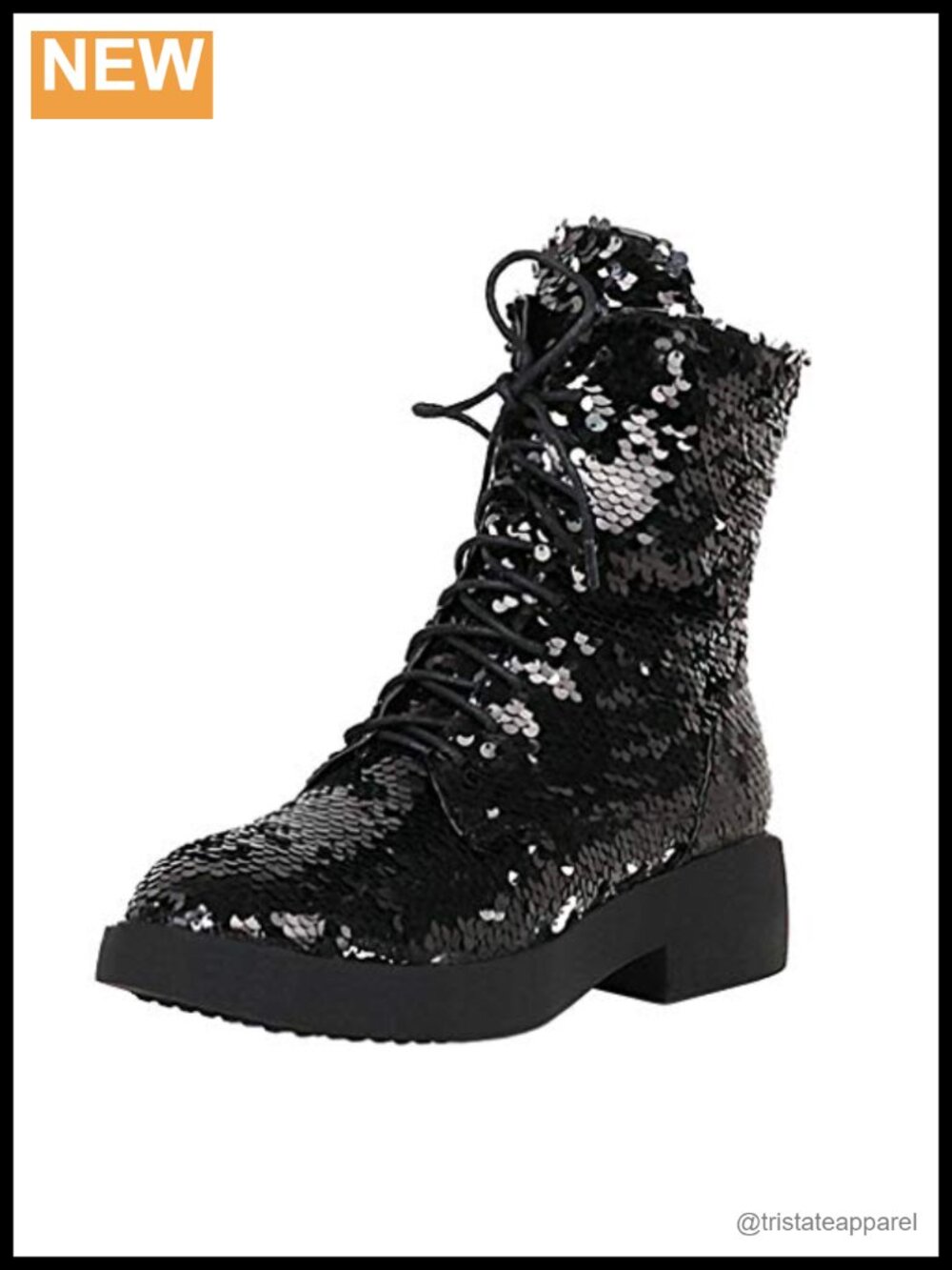 Women's Sequin Lace Up Combat Booties Chunky Heel Ankle Boots Glitter Sparkle